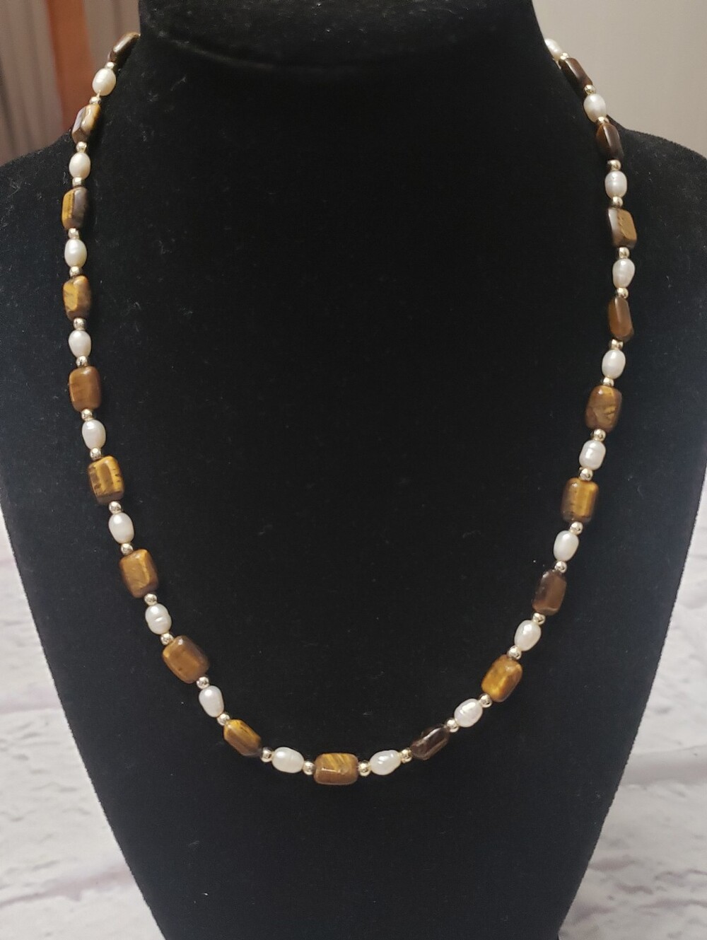 Vintage Beaded Necklace Faux Pearls & Tumbled Tiger's Eye